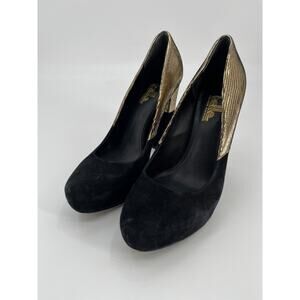 Belle Sigerson Morrison Platform Pumps Sz 8B Black Suede Gold Snake Heels Shoes
